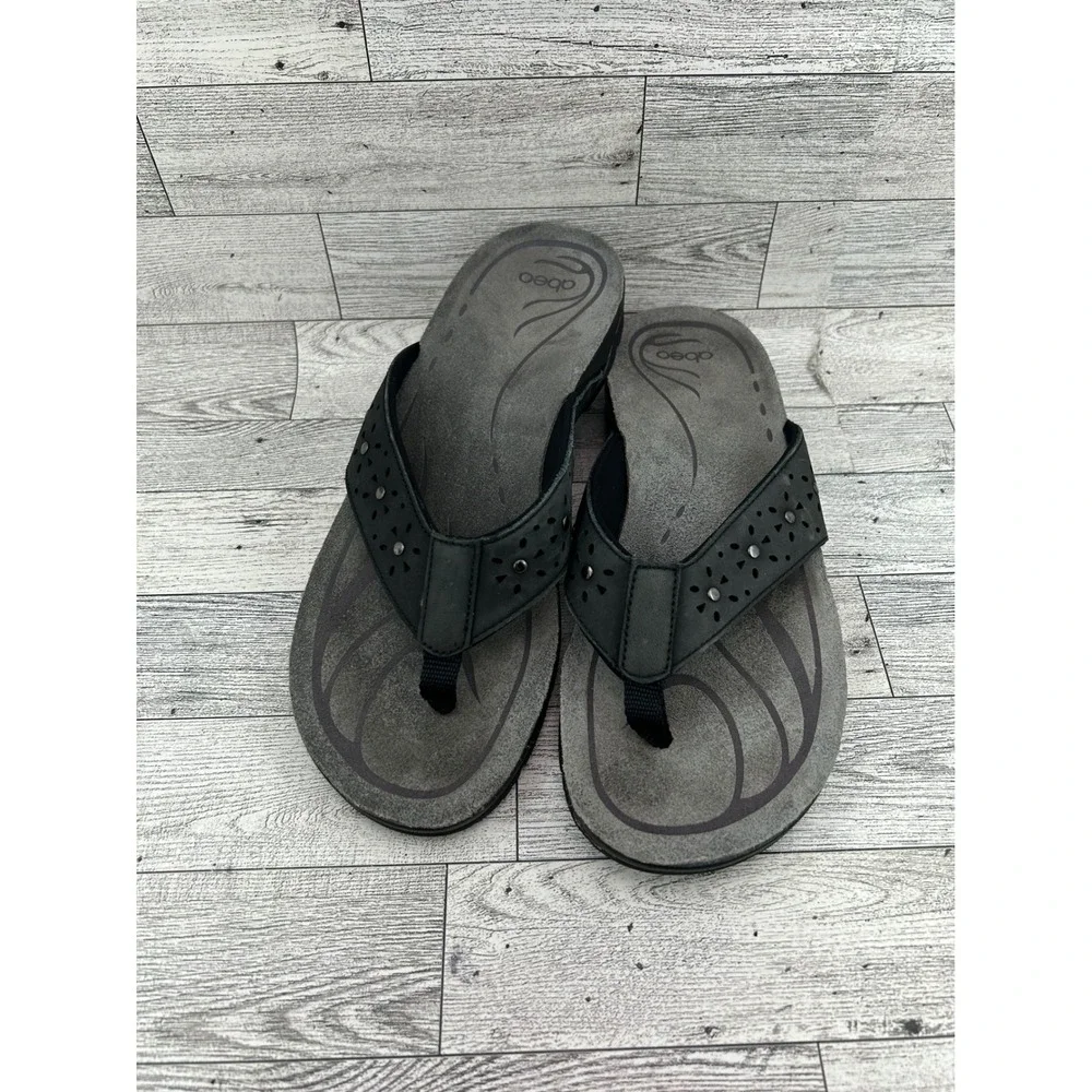 Abeo Abbie AWC23 Black Leather Orthotic Thong Sandals Women Sz 8N Studded Floral